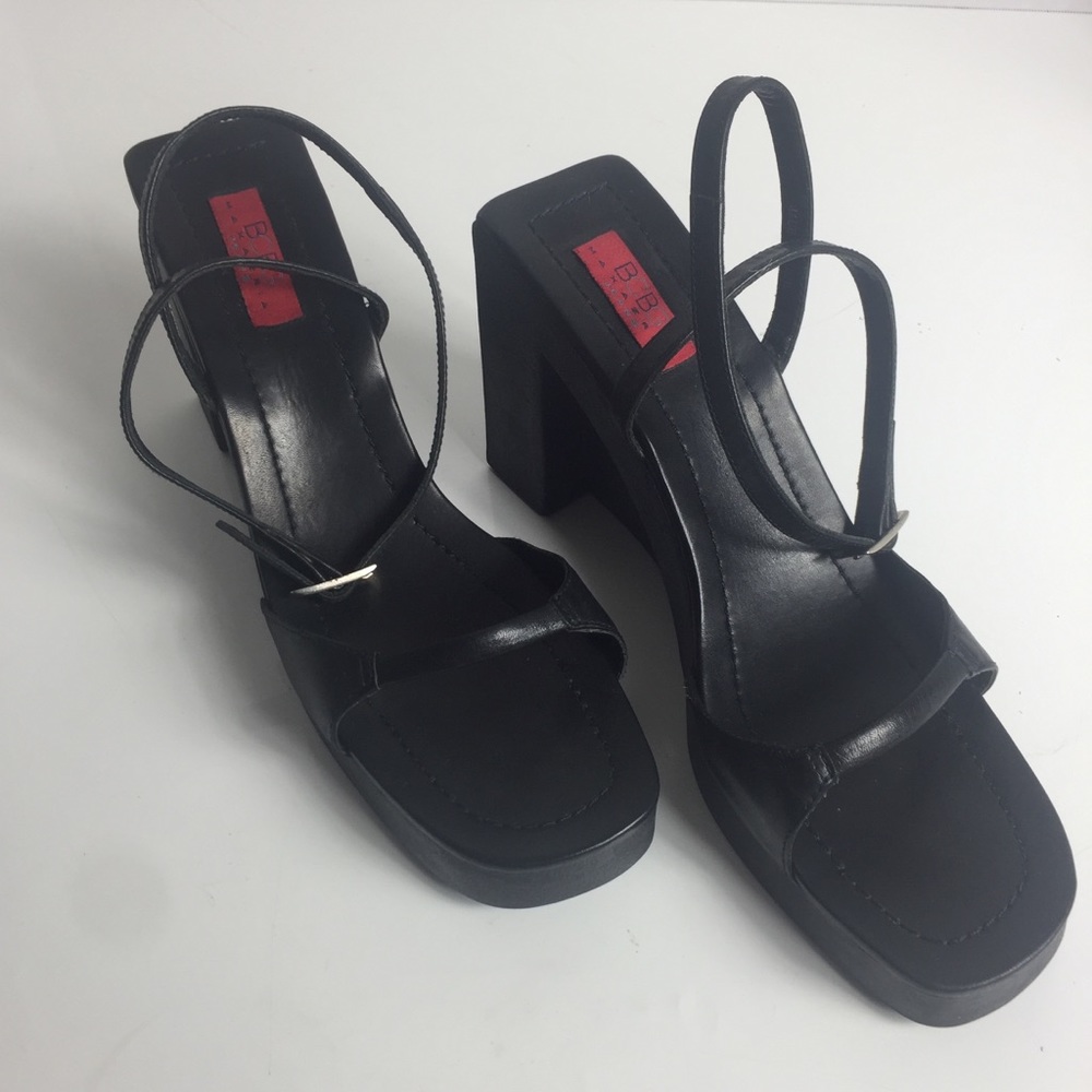BCBG Minimalist Black Leather Ankle Strap Heels